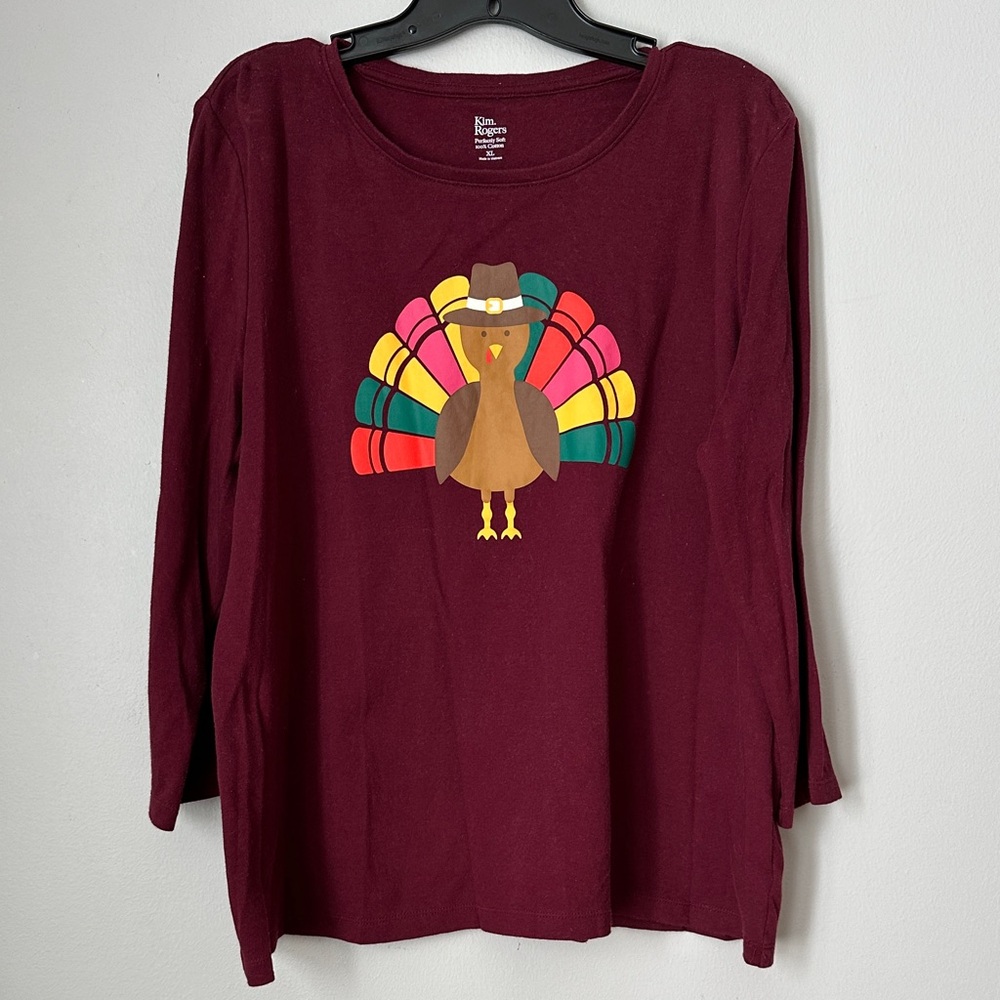 Kim Rogers women's maroon 3/4 sleeve Thanksgiving t-shirt with a turkey graphic